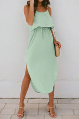 Clearly Aqua Irregular Split Spaghetti Strap Midi Dress - Femstylo