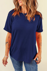 Blue Solid Color Basic Crew Neck Plain Tee