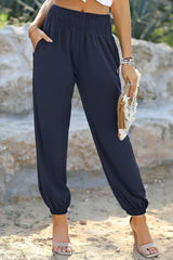 Navy Blue Shirred Smocked High Waist Joggers