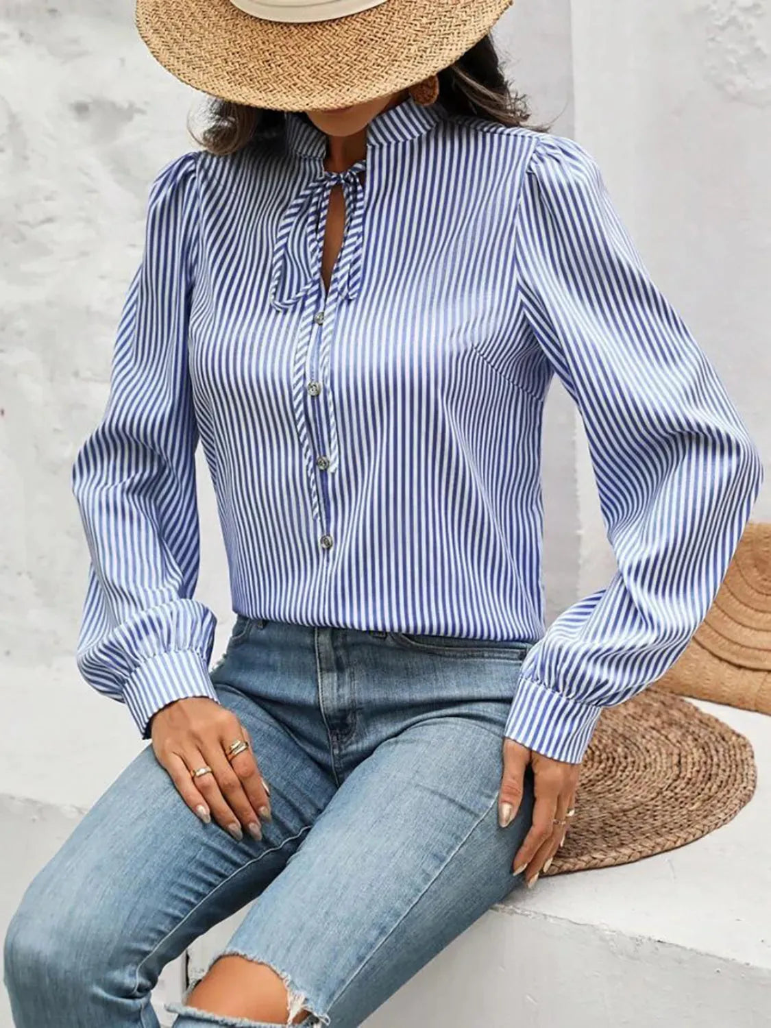 Striped Tie Neck Long Sleeve Blouse - Femstylo