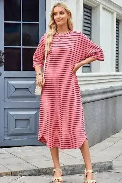 Lovelet Contrast Striped Half Sleeve Midi Tee Dress - Femstylo