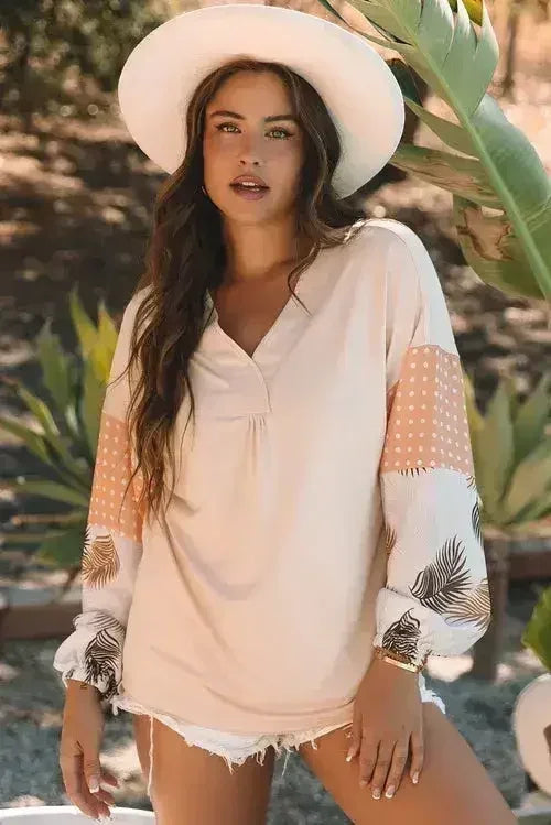 Puff Sleeve Patchwork Blouse - Tropical Print Top | Femstylo - Femstylo