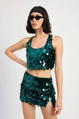 Sequin Emerald Green Mini Skirt – Sparkly with Thigh Slit | Sizes S-L