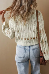 White Crochet Crew Neck Sweater - Loose Fit & High Elasticity | Femstylo - Femstylo