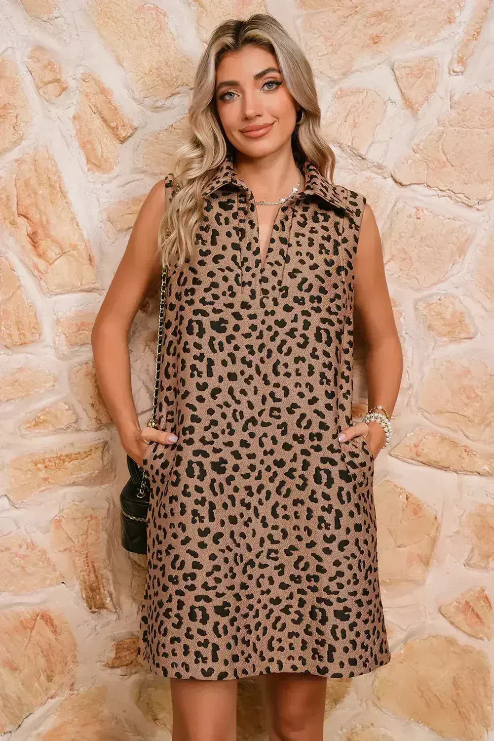 Khaki Leopard Print V Neck Sleeveless Collared Mini Dress - Femstylo