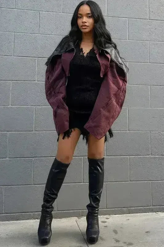 Two-Tone Puff Sleeve Bomber Jacket - Femstylo