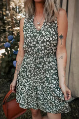 Green Boho Floral Print V Neck Knot Waist Sleeveless Dress - Femstylo
