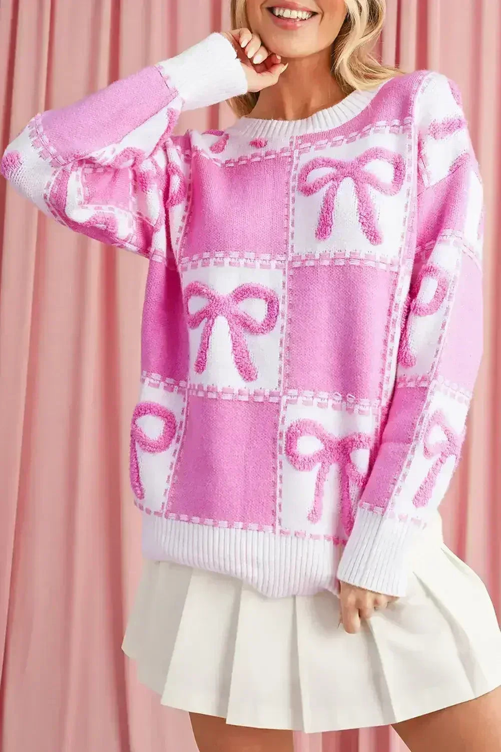 Pink Sweet Bow Two Tone Checkered Sweater - Femstylo