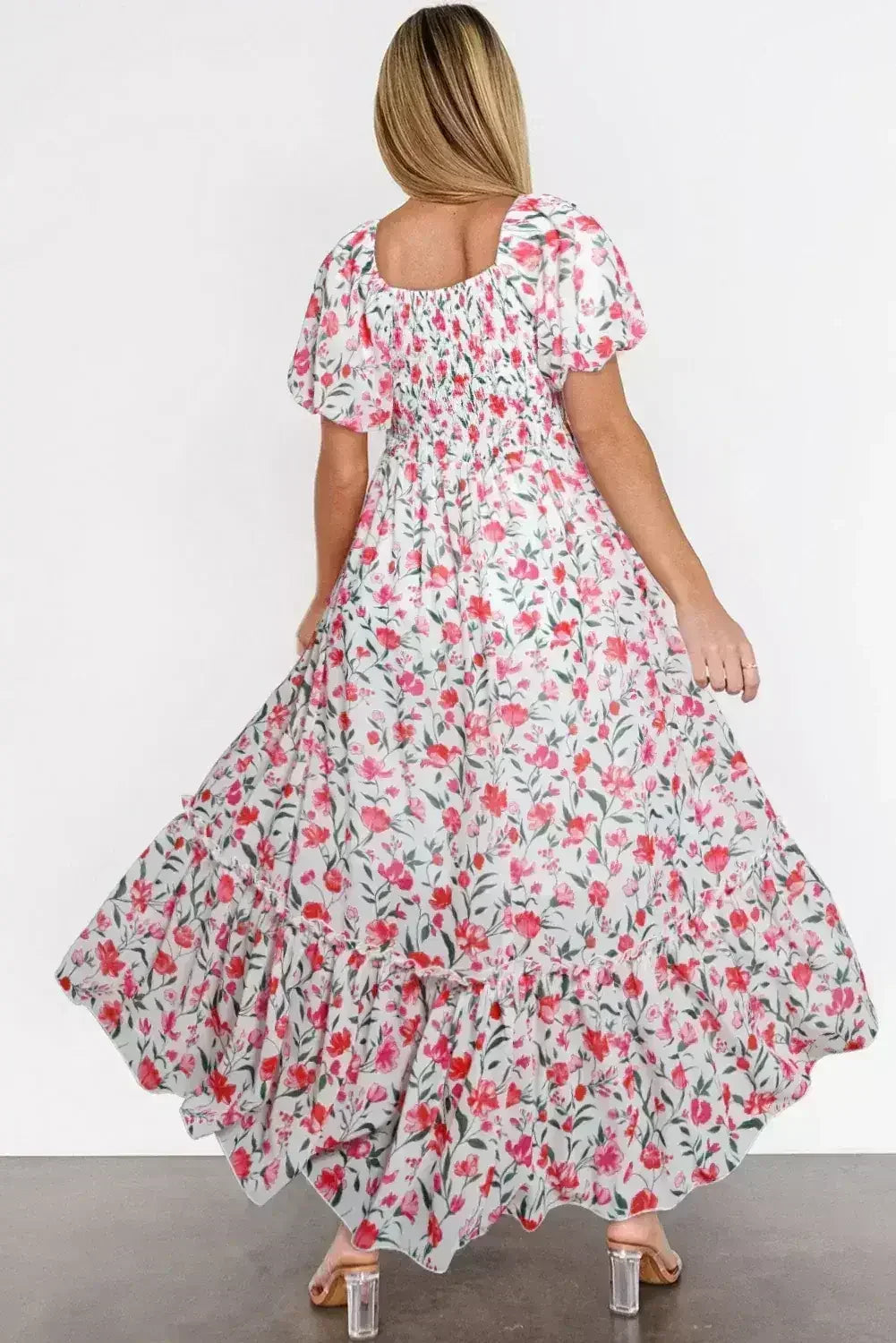 Pink Floral Puff Sleeve Square Neck Empire Waist Tiered Maxi Dress - Femstylo