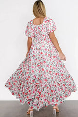 Pink Floral Puff Sleeve Square Neck Empire Waist Tiered Maxi Dress - Femstylo