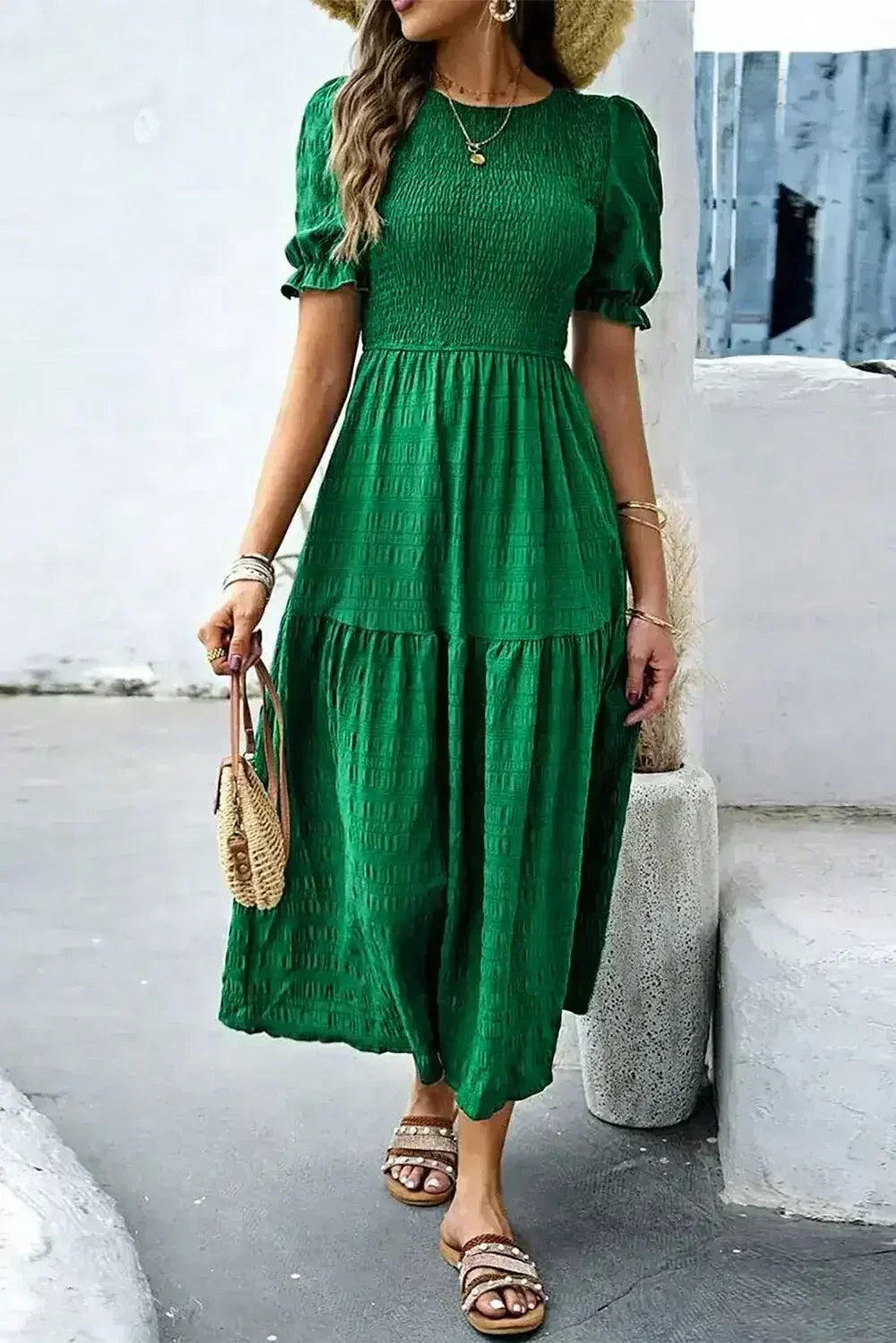Sail Blue Solid Textured Smocked High Waist Midi Dress - Femstylo