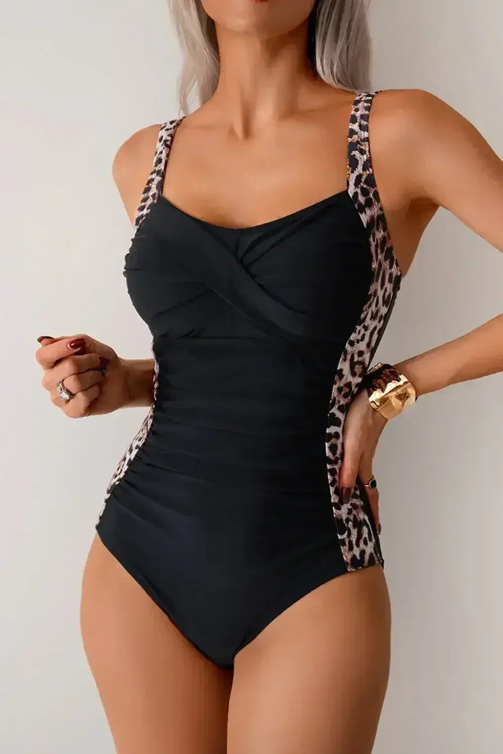 Black Color Block Leopard Print Strap One Piece Swimsuit - Femstylo