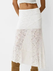 Lace Midi Skirt – Floral Elegance with Elastic Waist