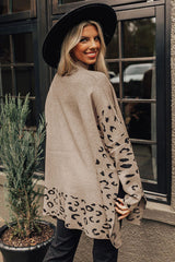 Khaki Leopard Casual Side Slit High Neck Oversized Sweater