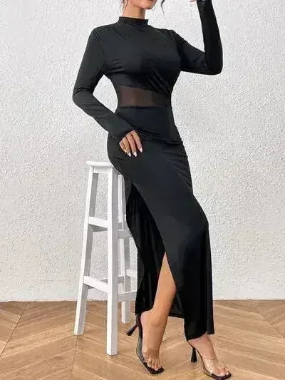 Honey Slit Mock Neck Long Sleeve Maxi Dress - Femstylo