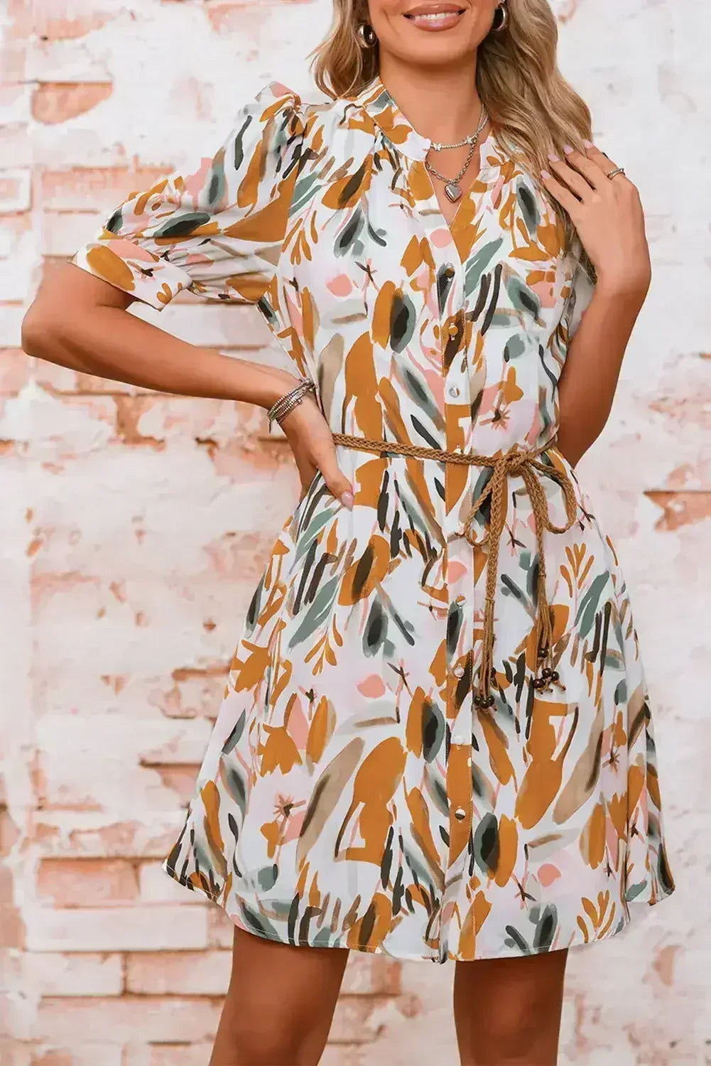 Brown Abstract Puff Sleeve Button Up Braided Belt Mini Dress - Femstylo