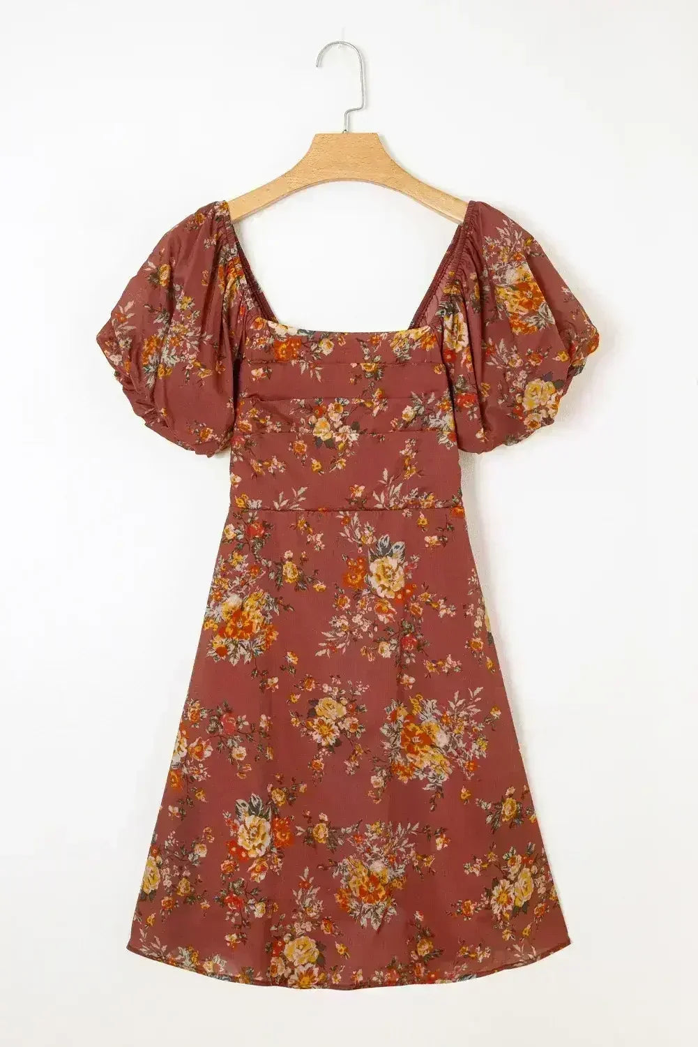 Red Floral Puff Sleeve Square Neck Knot Open Back Mini Dress - Femstylo