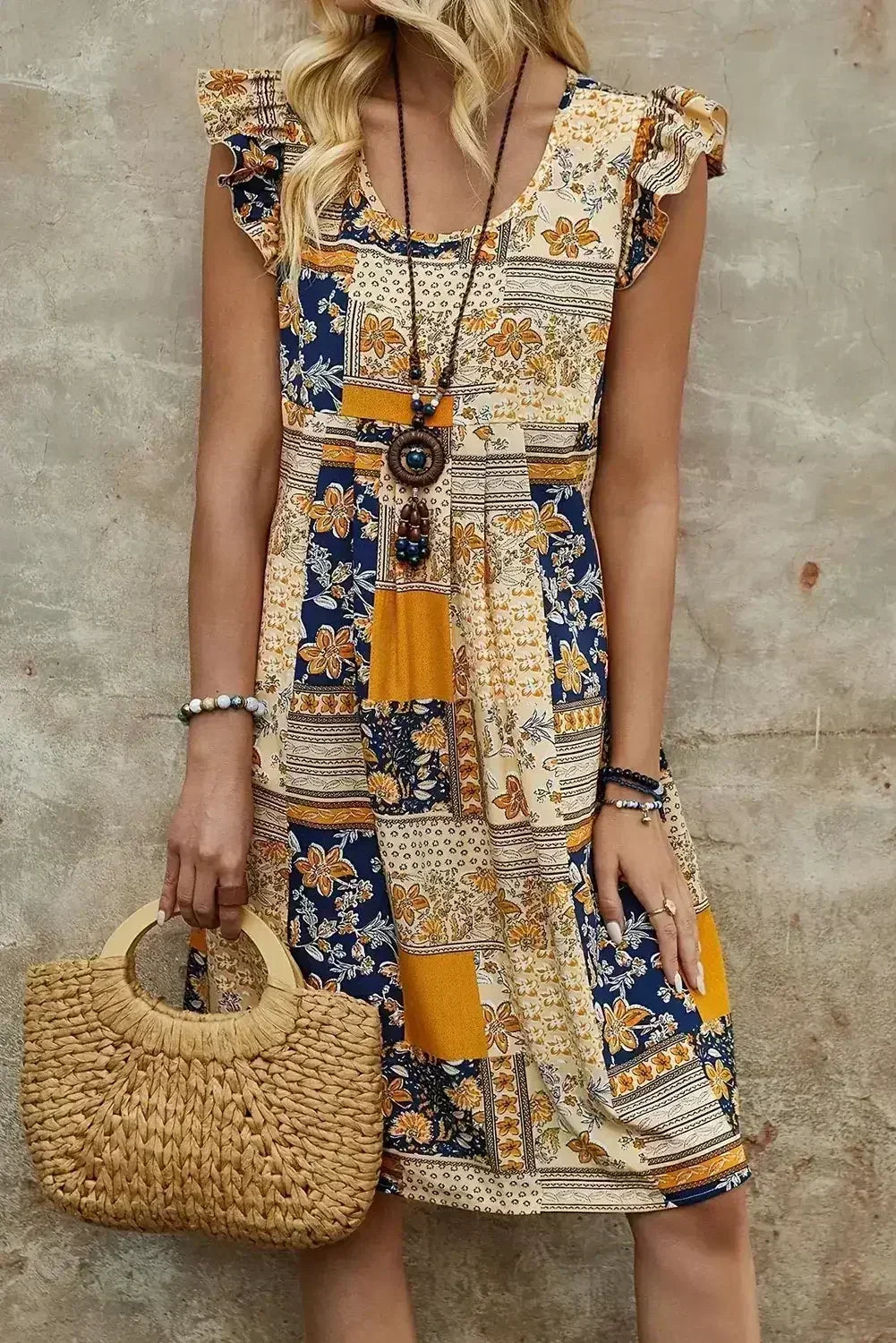 Multicolour Boho Floral Pleated Sleeveless Mini Dress - Femstylo