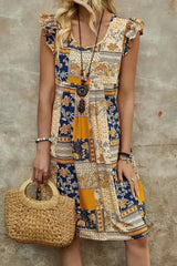 Multicolour Boho Floral Pleated Sleeveless Mini Dress - Femstylo