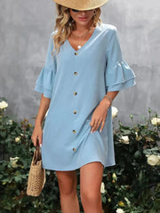 V-Neck Mini Dress – Ruffled Detail & Decorative Buttons