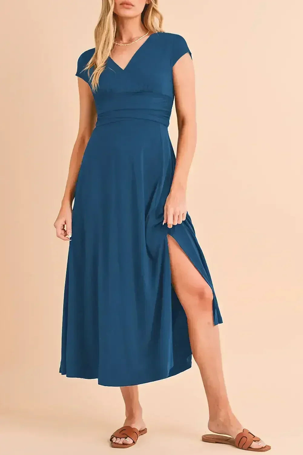 Black Deep V Neck Ruched High Waist Midi Dress - Femstylo