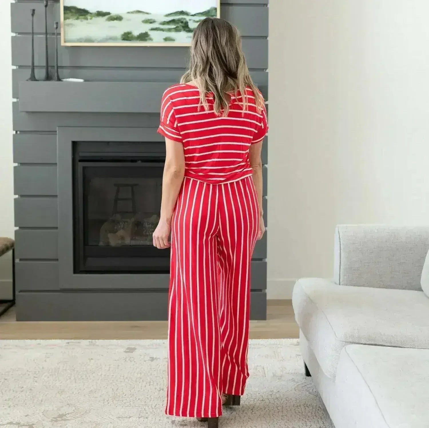 Stripe Jumpsuit Elastic Waist Back Keyhole - Femstylo