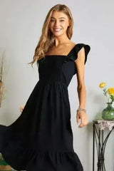 ADORA Smocked Square Neck Ruffled Cap Sleeve Dress - Femstylo