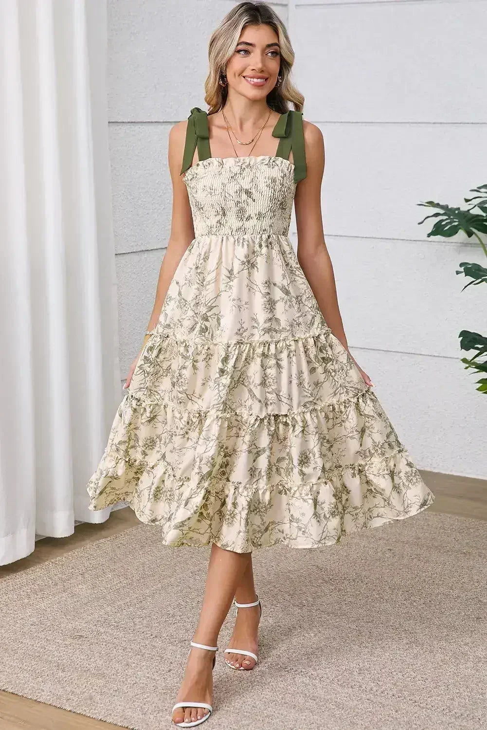 Green Floral Smocked High Waist Tiered Midi Dress - Femstylo