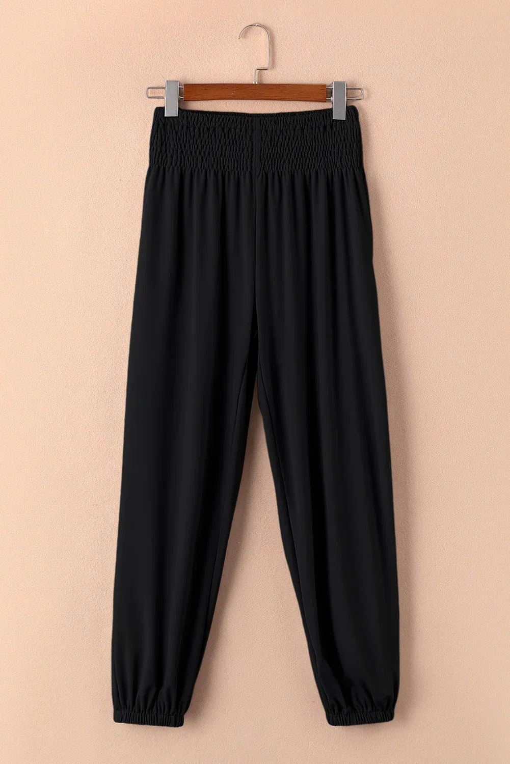 Navy Blue Shirred Smocked High Waist Joggers