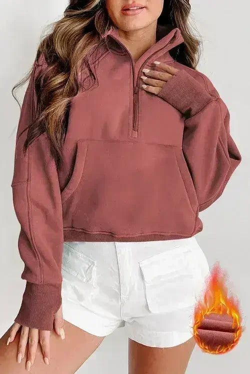 Brown Fleece Lined Zip Up Stand Collar Thumbhole Sleeve Sweatshirt - Femstylo