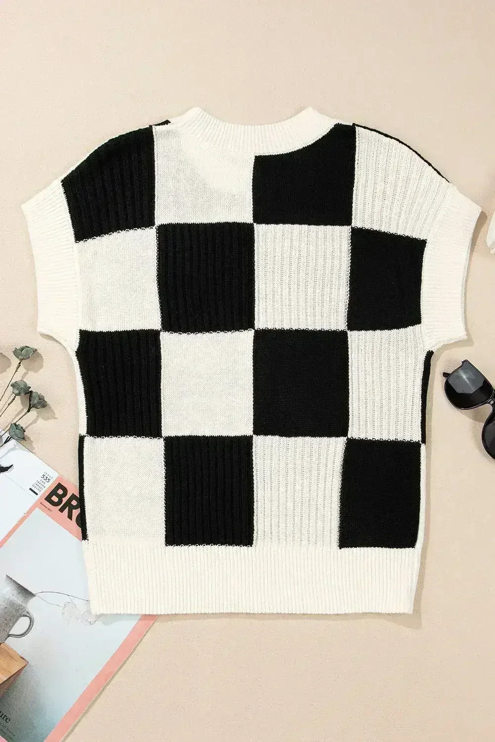Light Blue Checkered Color Block Crew Neck Short Sleeve Sweater - Femstylo