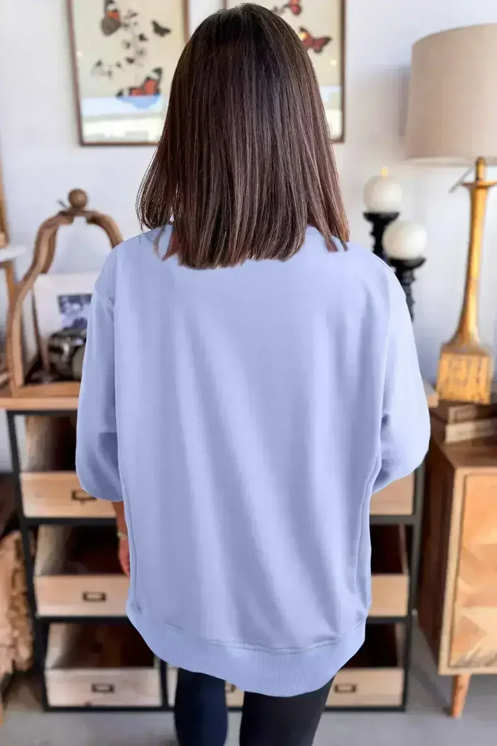 Clearly Aqua Solid Color Floral Patched Half Sleeve Tunic Top - Femstylo
