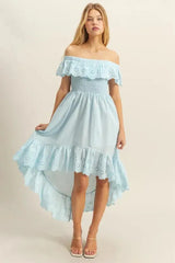HYFVE Eyelet Off-Shoulder Dress – High-Low Ruffled Hem