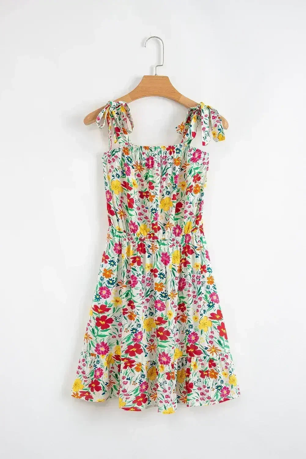 Red Floral Print Knotted Strap Cinched Waist Ruffle Hem Mini Dress - Femstylo