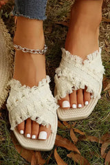 Beige Tassel Woven Crossed Straps Flat Slides Shoes - Femstylo