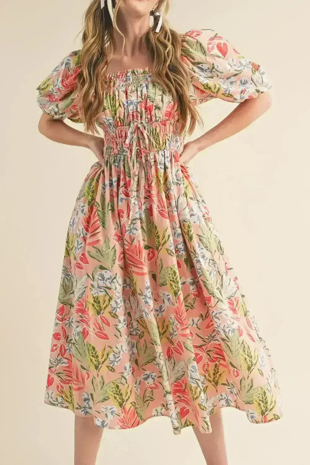 Apricot Pink Floral Knot Front Smocked Bubble Sleeve Dress - Femstylo
