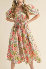 Apricot Pink Floral Knot Front Smocked Bubble Sleeve Dress - Femstylo