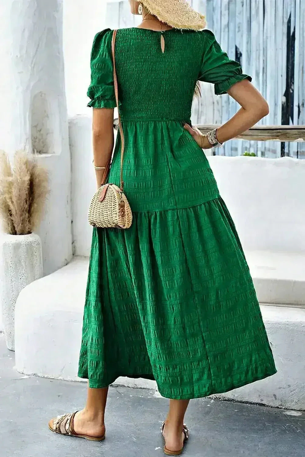Sail Blue Solid Textured Smocked High Waist Midi Dress - Femstylo