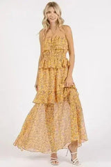 Mittoshop Ruffled Smocked Floral Halter Neck Maxi Dress - Femstylo