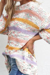 Contrast Stripes Round Neck Long Sleeve Sweater - Femstylo