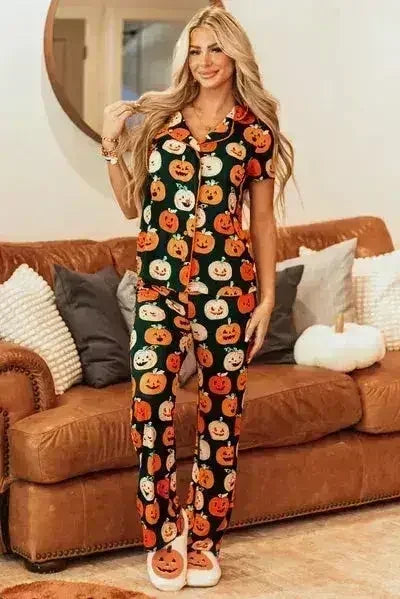 Pumpkin Printed Short Sleeve Top and Pants Lounge Set - Femstylo