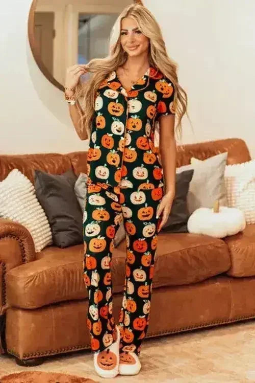 Pumpkin Printed Short Sleeve Top and Pants Lounge Set - Femstylo