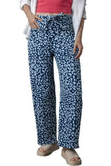 Blue Leopard Print Drawstring Waist Pocketed Wide Leg Jeans - Femstylo