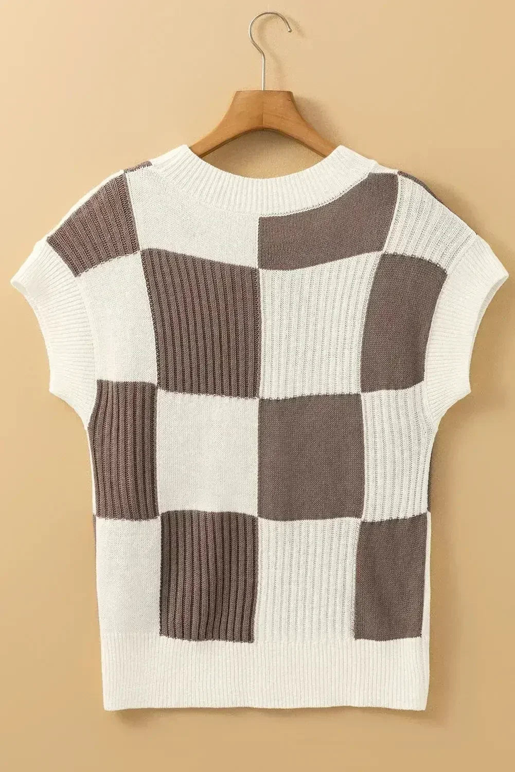 Light Blue Checkered Color Block Crew Neck Short Sleeve Sweater - Femstylo