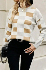 Khaki Checkered Crew Neck Drop Shoulder Knit Sweater - Femstylo