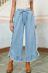 Myosotis Light Wash Raw Hem Ruffle Wide Leg Jeans - Femstylo