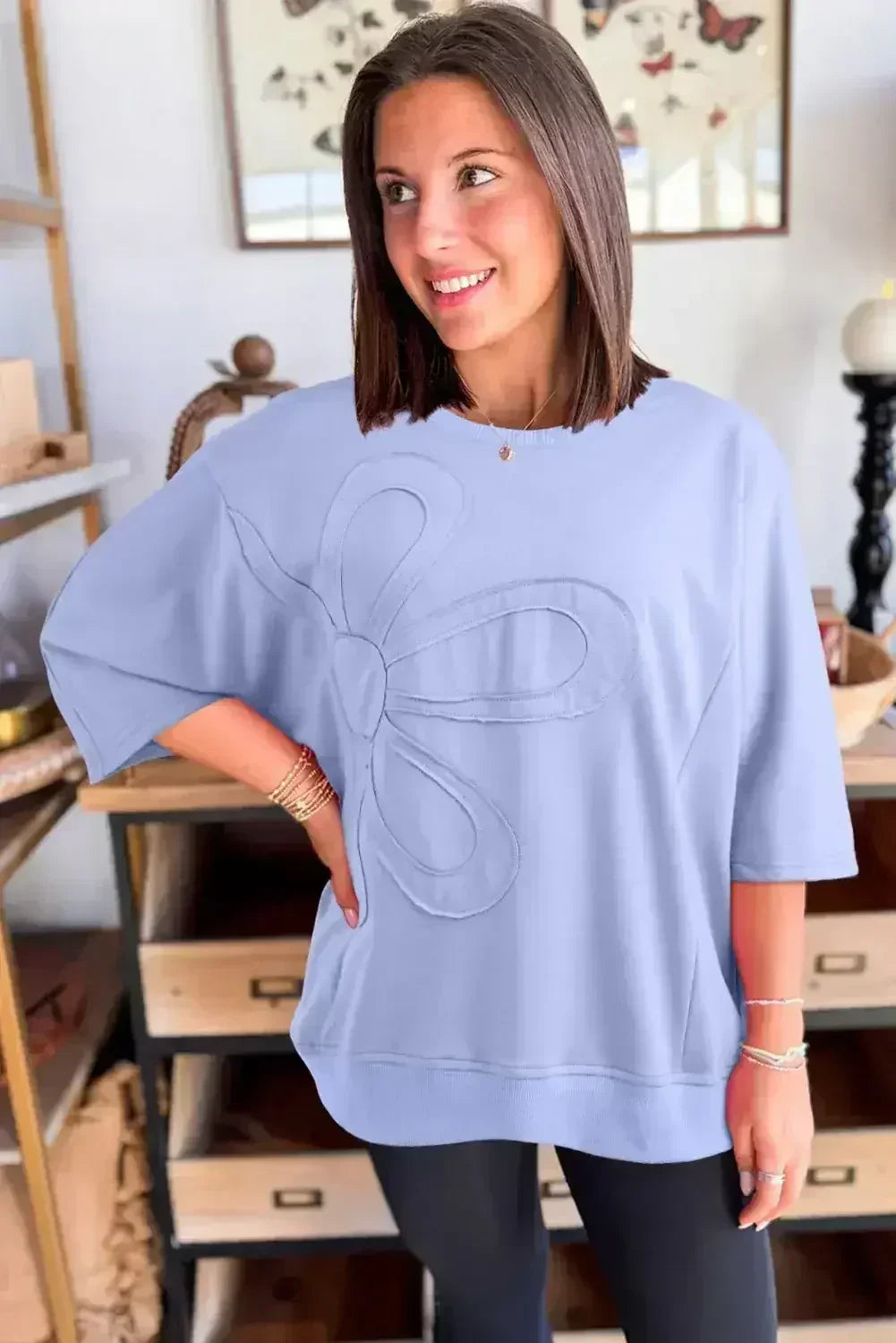 Clearly Aqua Solid Color Floral Patched Half Sleeve Tunic Top - Femstylo