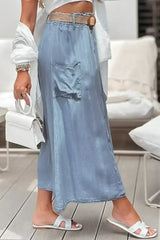 Beau Blue Buttoned Front High Waist Side Pockets Denim Maxi Skirt - Femstylo
