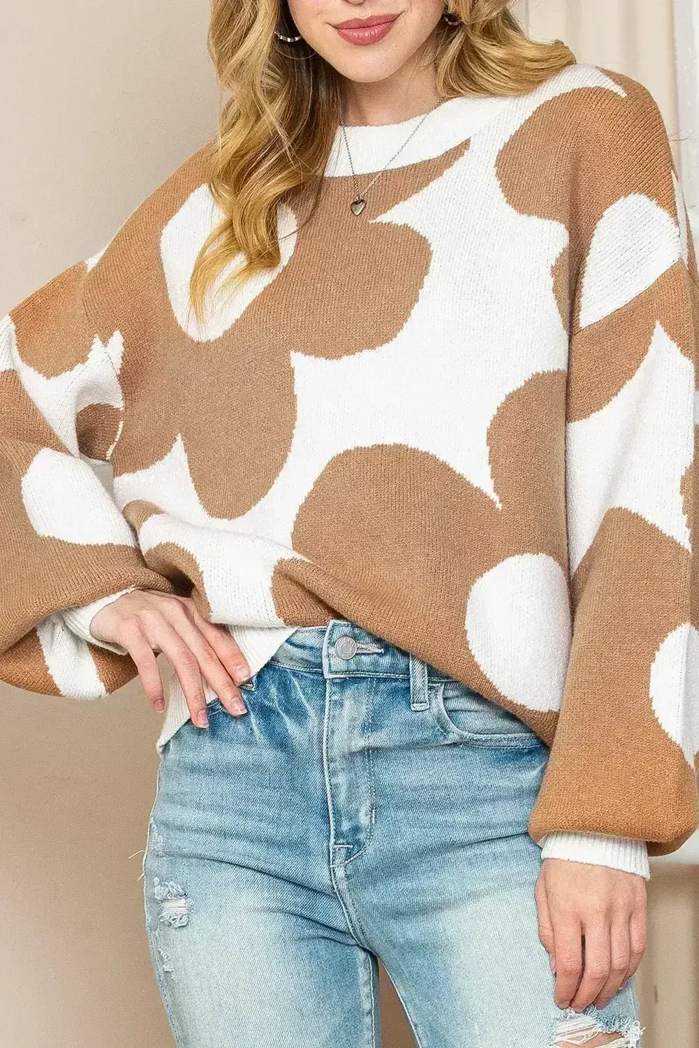 Khaki 60s Floral Pattern Ribbed Trim Pullover Sweater - Femstylo