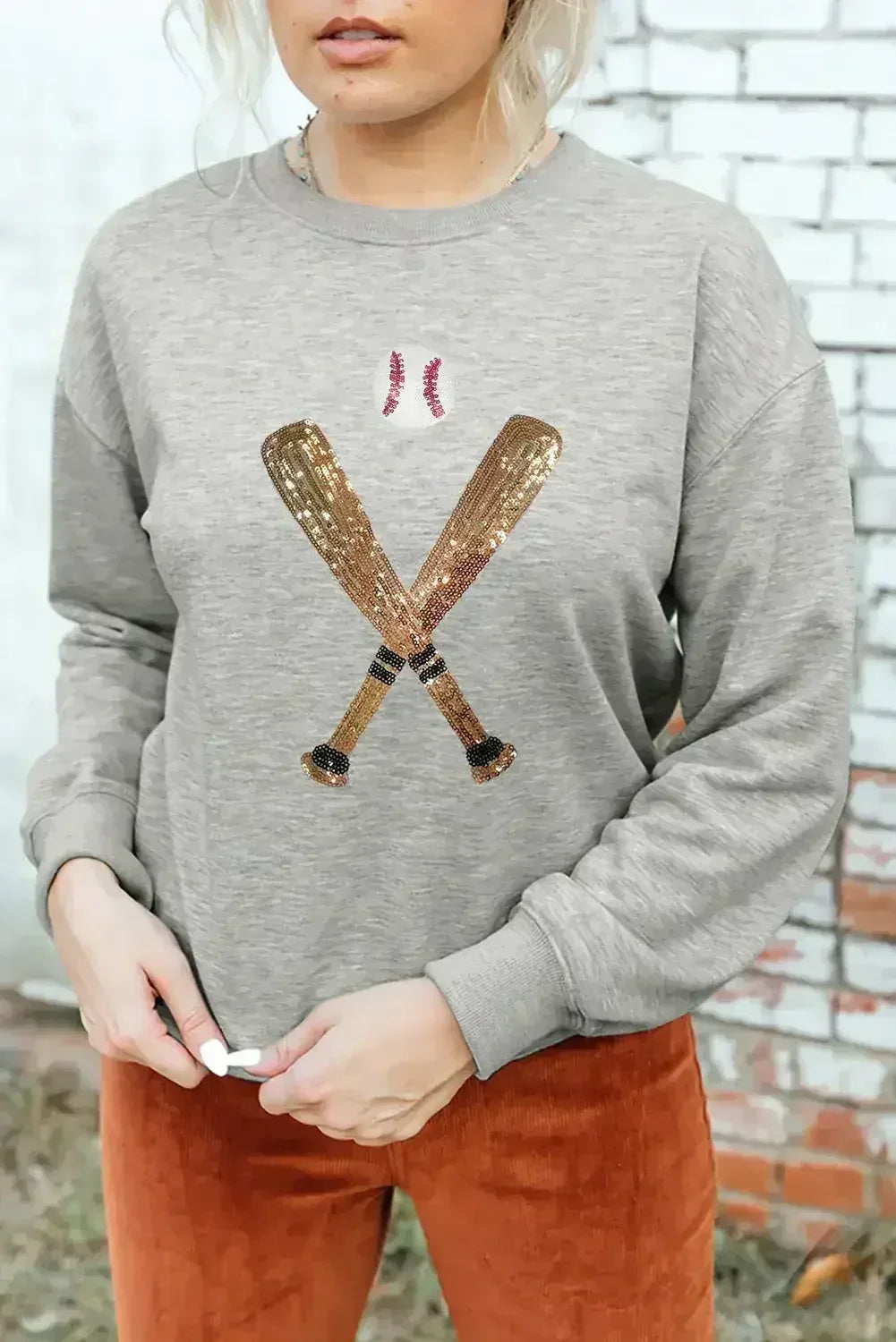 Gray Sequin Baseball Graphic Crewneck Game Day Sweatshirt - Femstylo